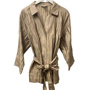 KATE HILL Jacket Plus Size 20W Linen Blend Tan Crinkle Belted Artsy Top